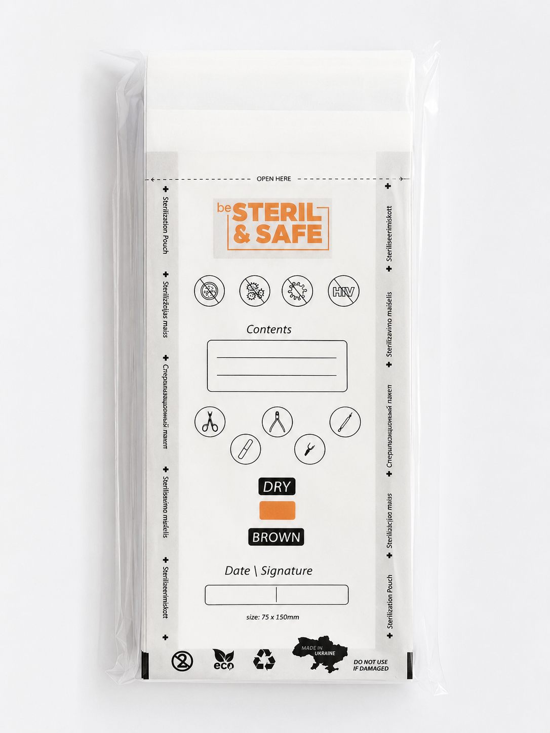 be STERIL&SAFE Karstā gaisa sterilizācijas maisiņi 75x150mm CDW caurspīdīgi ar indikatoru 100gab.