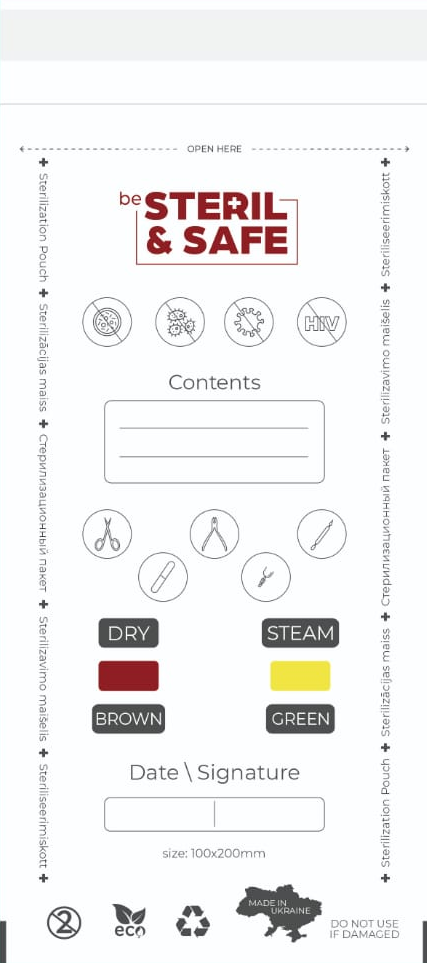 be STERIL&SAFE Karstā gaisa & Autoklāva kombinētie sterilizācijas maisiņi 100x200mm PKW ar indikatoru Balti 100gab.